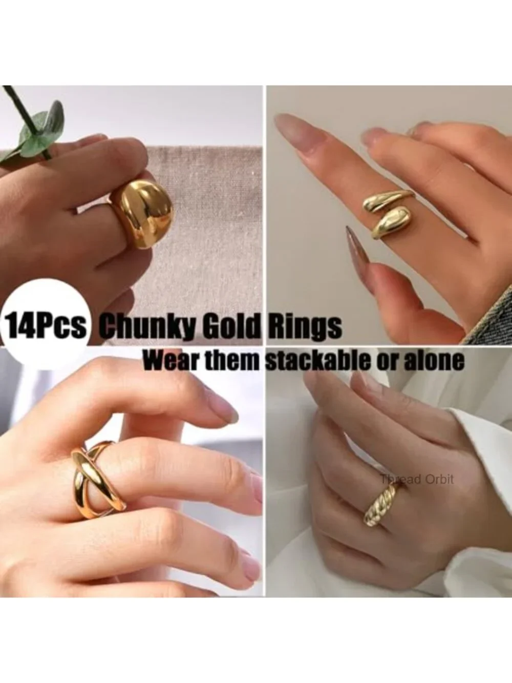 Chunky Gold Plated Stackable Rings Set for Women Dainty Adjustable Open